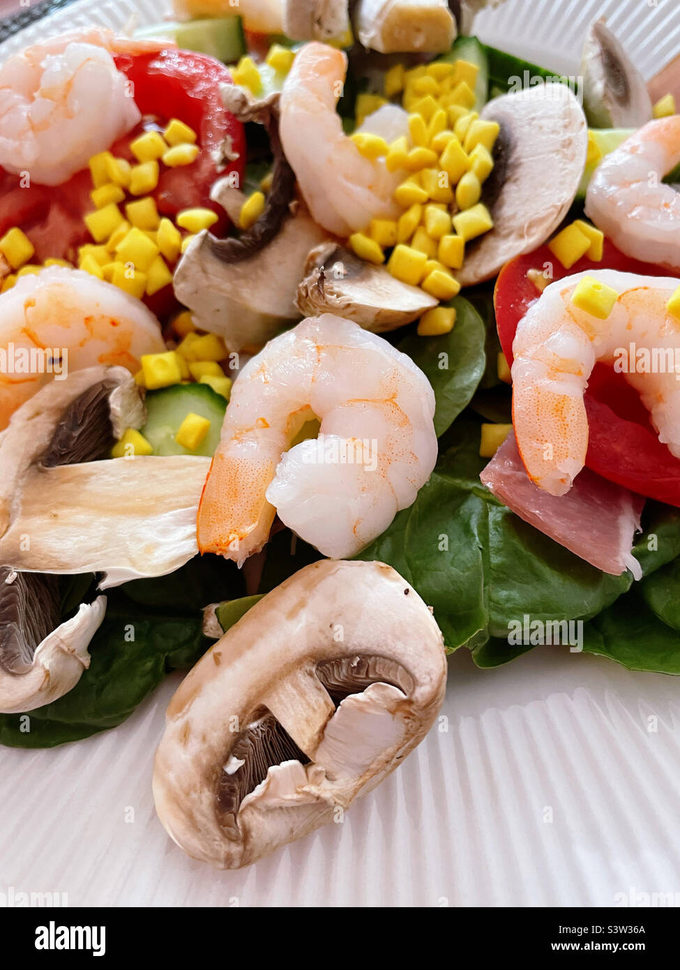 Close-up of a refreshing shrimp salad on a bed of spinach with tomatoes and fresh mushrooms, 2022, USA Stock Photo