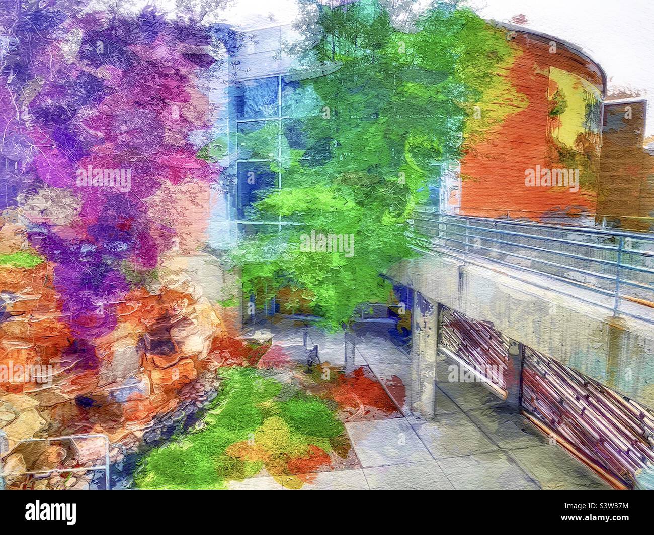 A painterly rendition of the Dinosaur Museum and its’ grounds in Vernal, Utah, USA. - Smartphone Captured Stock Image