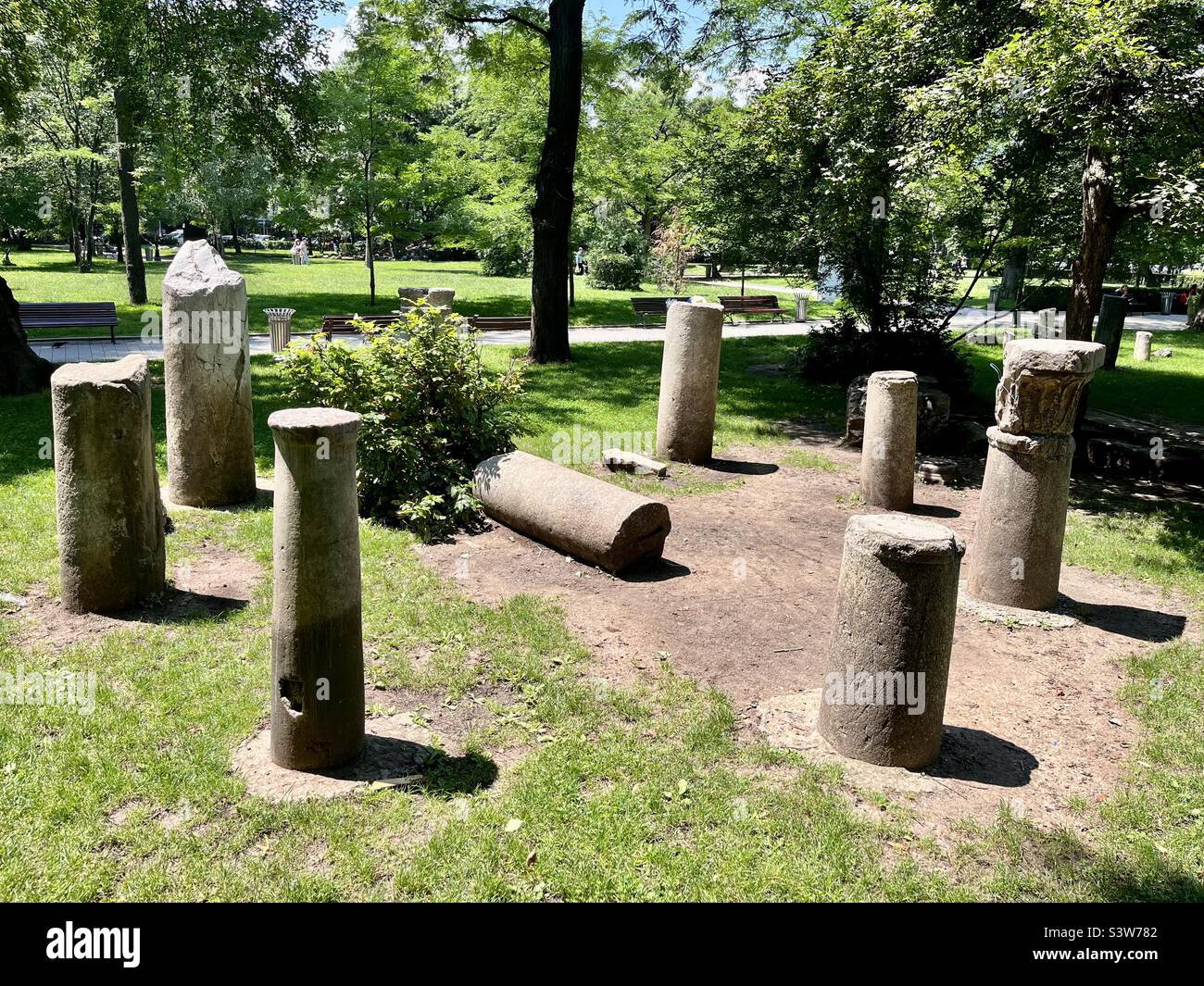 Roman Empire antique columns at the lapidarium in Doctor’s Park, Sofia, Bulgaria, Eastern Europe, Balkans, EU Stock Photo