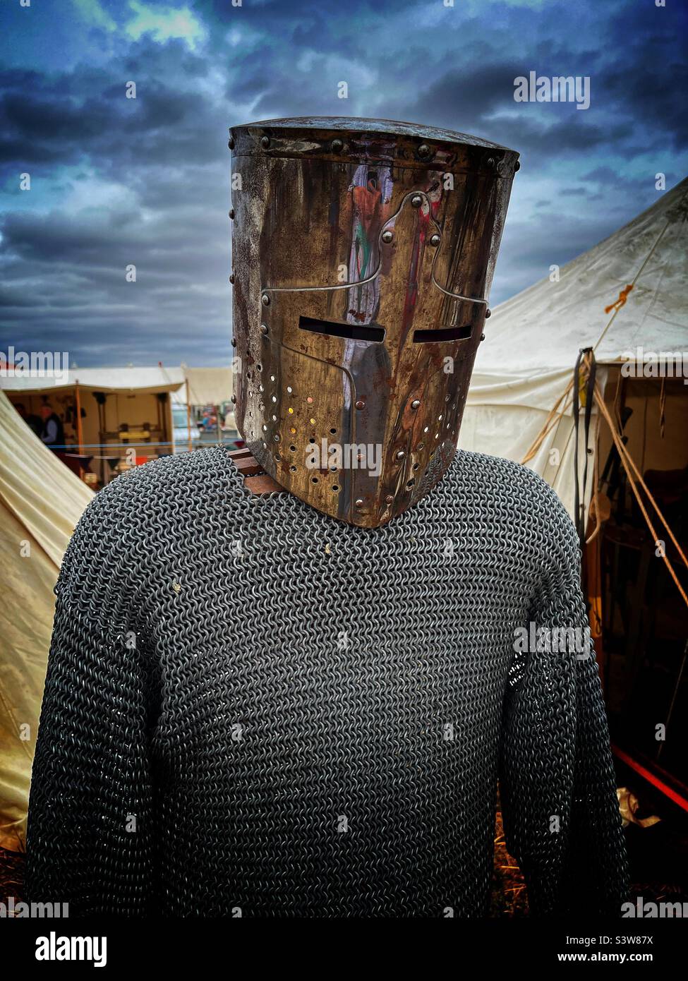 Male dummy dressed in medieval helmet and chainmail. Heckington Show, Lincolnshire, UK. Stock Photo
