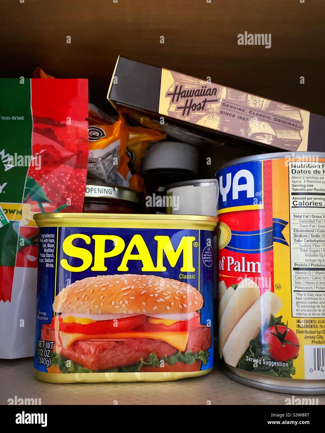 A tin of spam luncheon meat in a residential pantry, 2022, USA Stock Photo