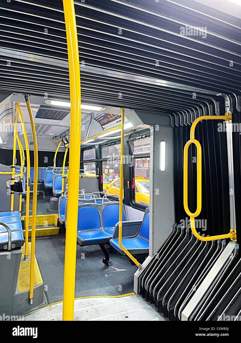 The interior of an empty MTA articulated bus, 2022, New York City, United States Stock Photo