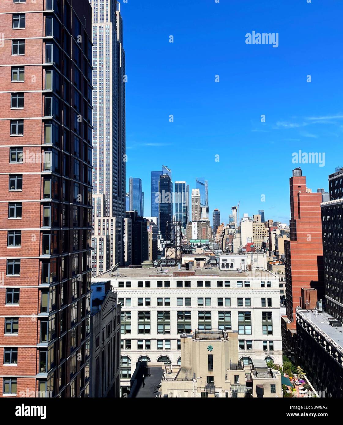 View from my roof deck in Murray Hill neighborhood looking west with skyscrapers in Hudson yards on the horizon, 2022, New York City, United States Stock Photo