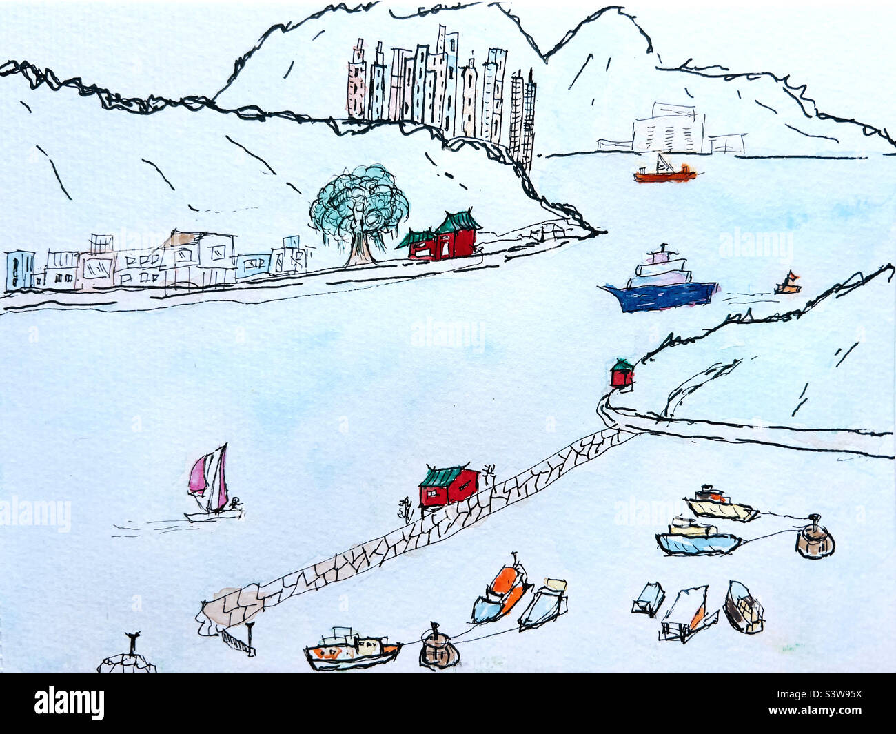 Busy Victoria Harbour channel with old fishing village and modern condominiums - Smartphone Captured Stock Image