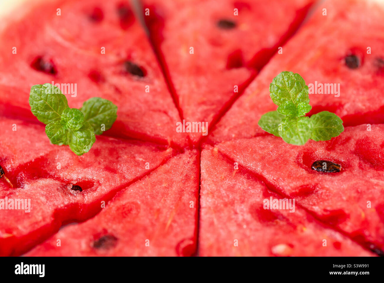 Macro shot of sweet juicy watermelon slices with fresh mint leaves, delicious healthy summer snack Stock Photo