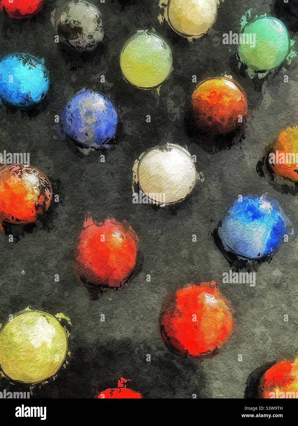 A textured, painterly rendition of the stone, onyx marble pieces of a Chinese Checker game board. - Smartphone Captured Stock Image