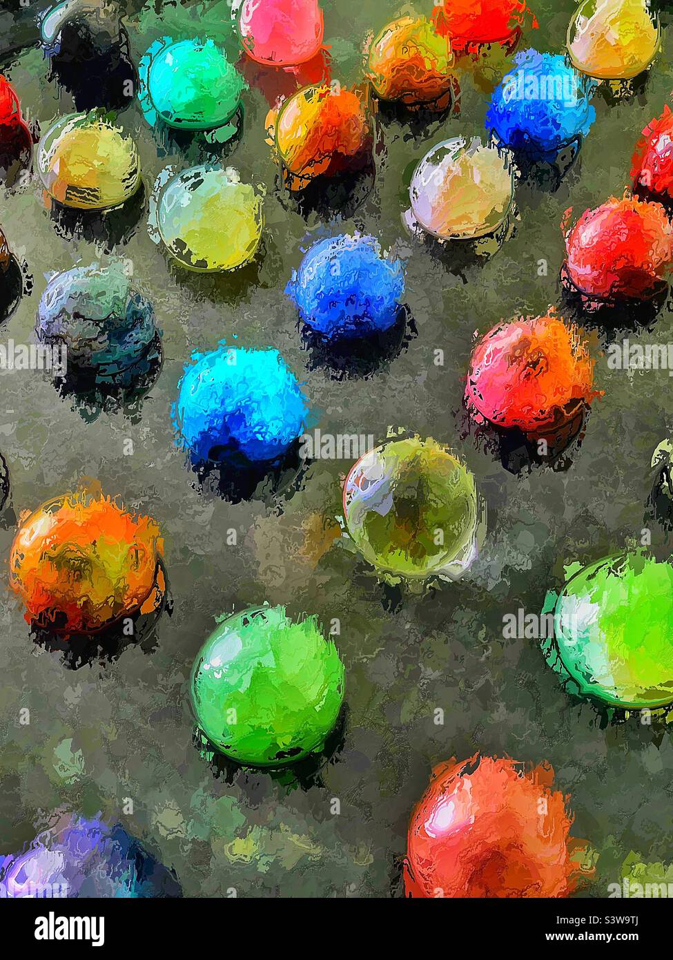 A textured, painterly rendition of the stone, onyx marble pieces of a Chinese Checker game board. - Smartphone Captured Stock Image