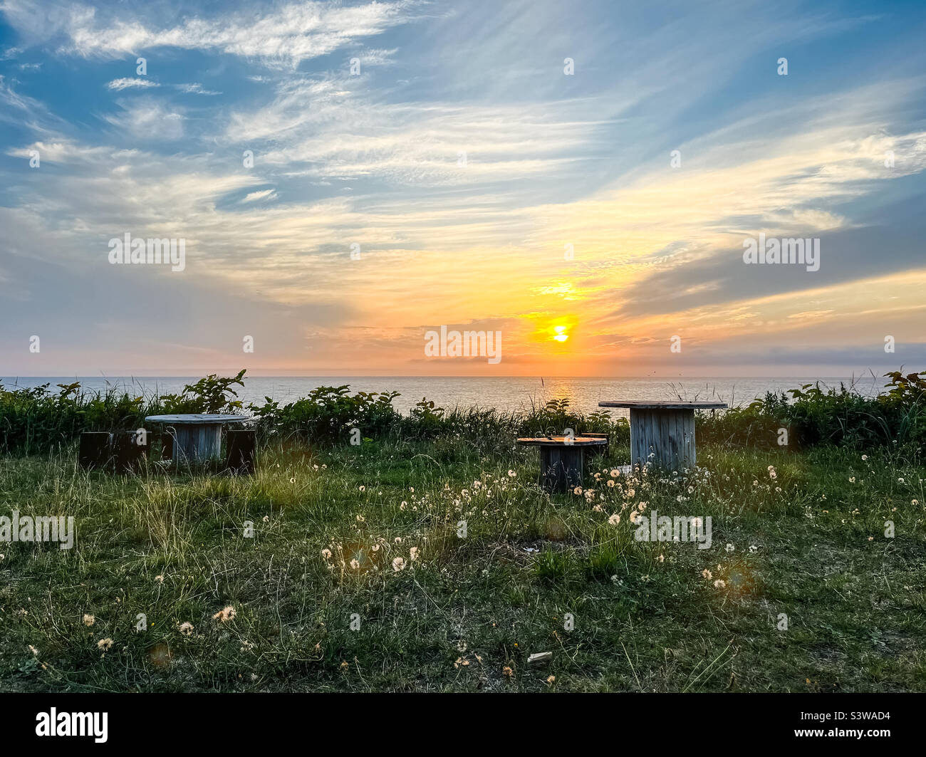 Green grass, recycled picnic tables and sunset over sea, Rishiri, Hokkaido, Japan - Smartphone Captured Stock Image