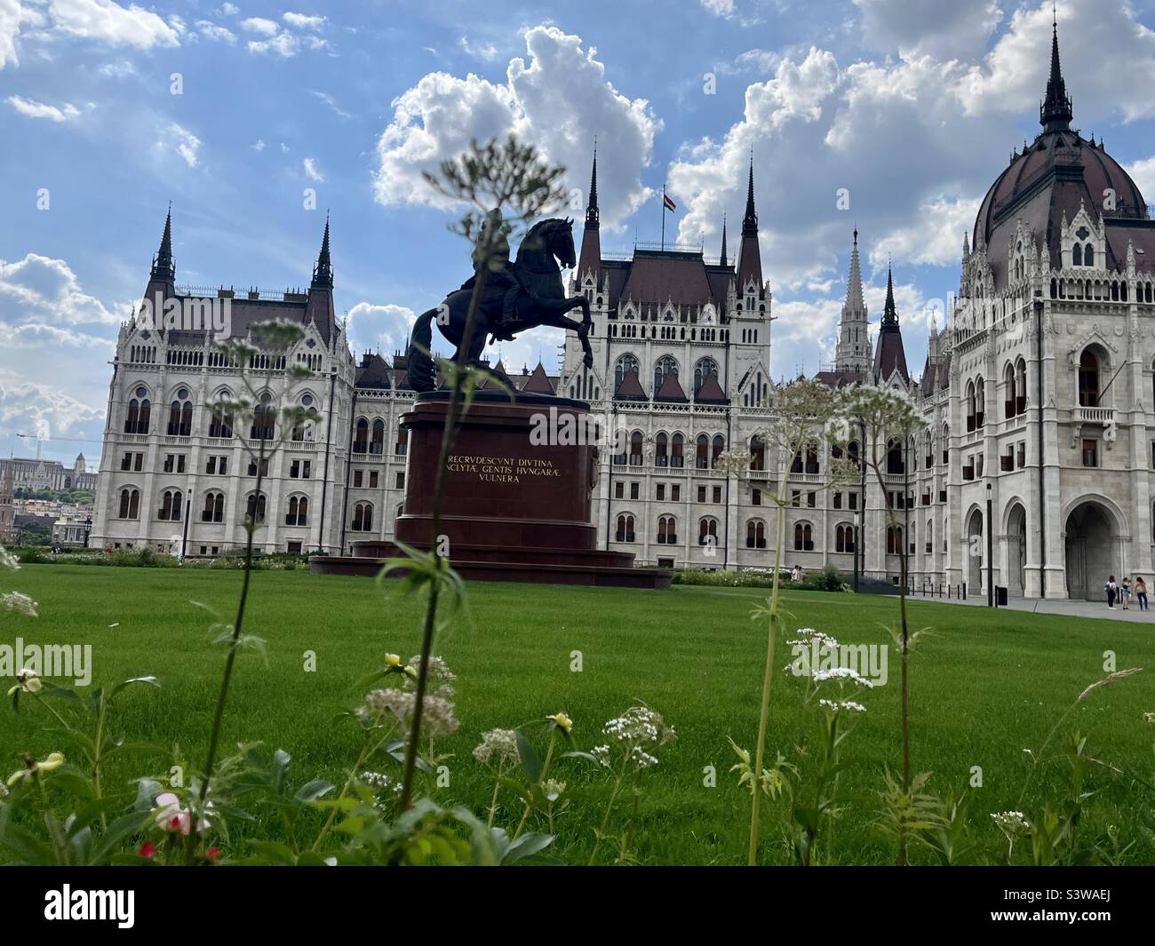 Statue of Ferenc Rakoczi II riding horse outside the Hungarian Parliament, Pest, Budapest in Spring - Smartphone Captured Stock Image