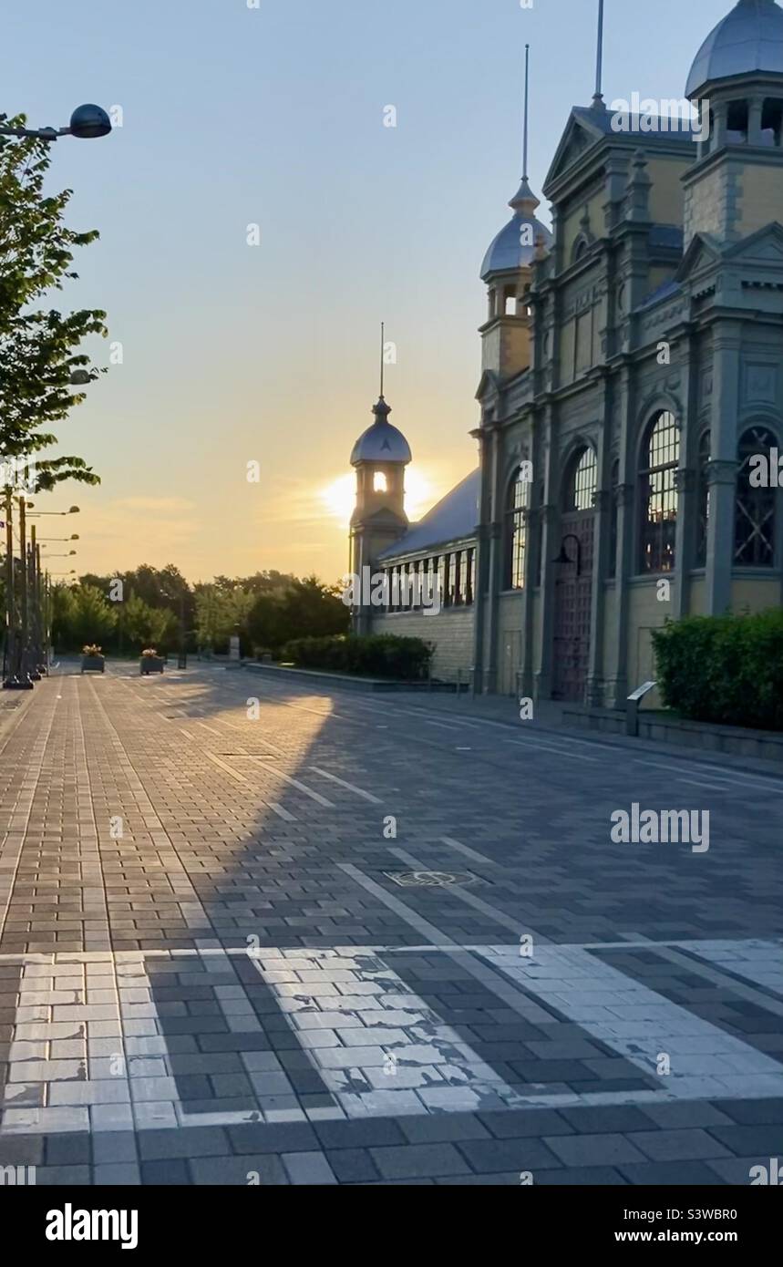 Sunrise on the north side of the Aberdeen Pavillion, commonly known as the “Cattle Castle”, it is the last surviving Canadian example of what was once a common form of Victorian exhibition hall. - Smartphone Captured Stock Image