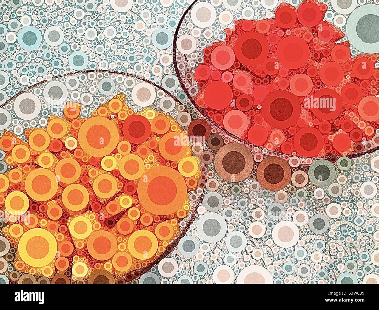 Two bowls of fresh fruit, one with cantaloupe and the other with watermelon, sit side by side  on a kitchen table. The IOS app Percolator was used to create the abstraction of rings and circles. - Smartphone Captured Stock Image