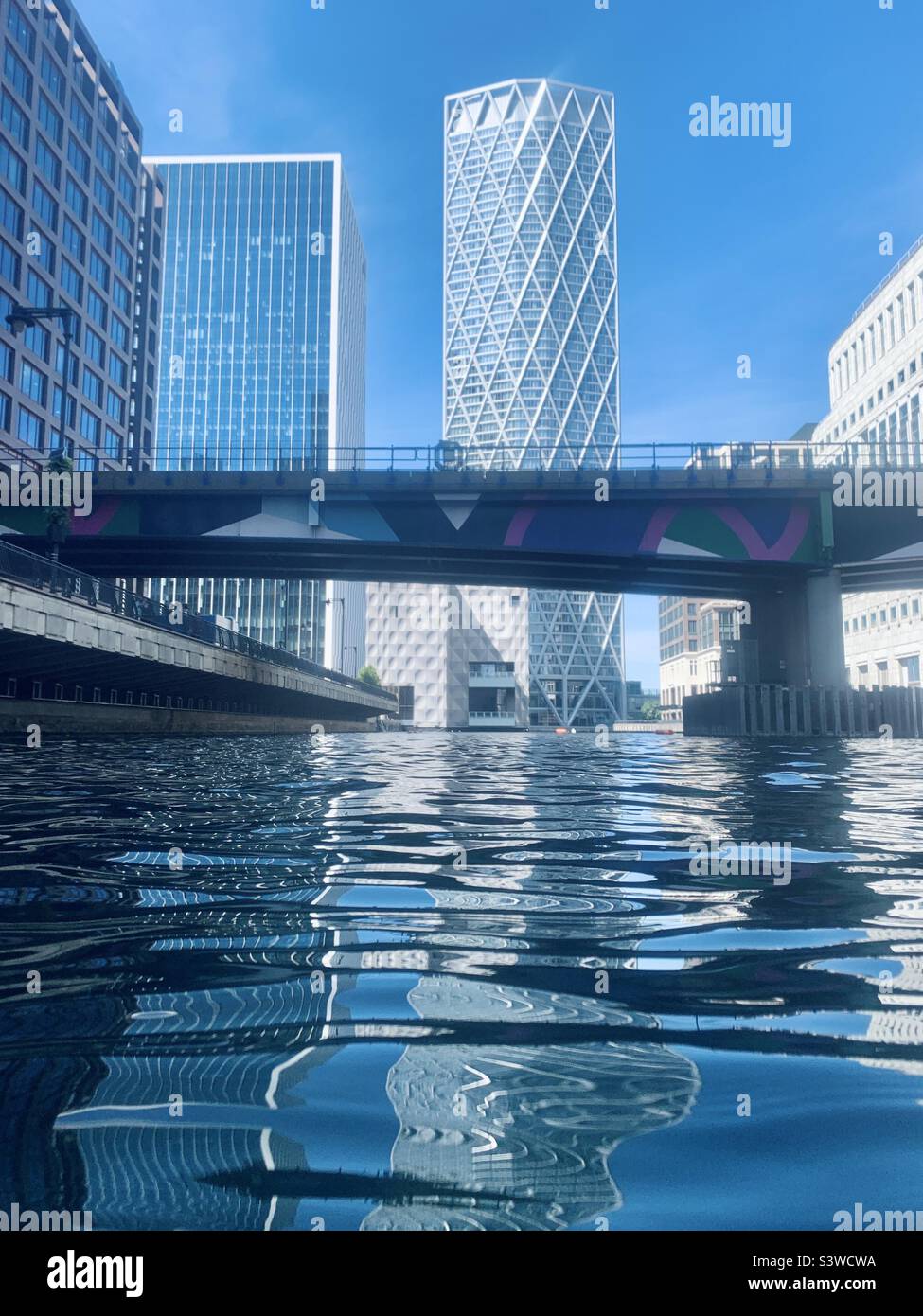 Canary Wharf open water swimming in the summer Stock Photo
