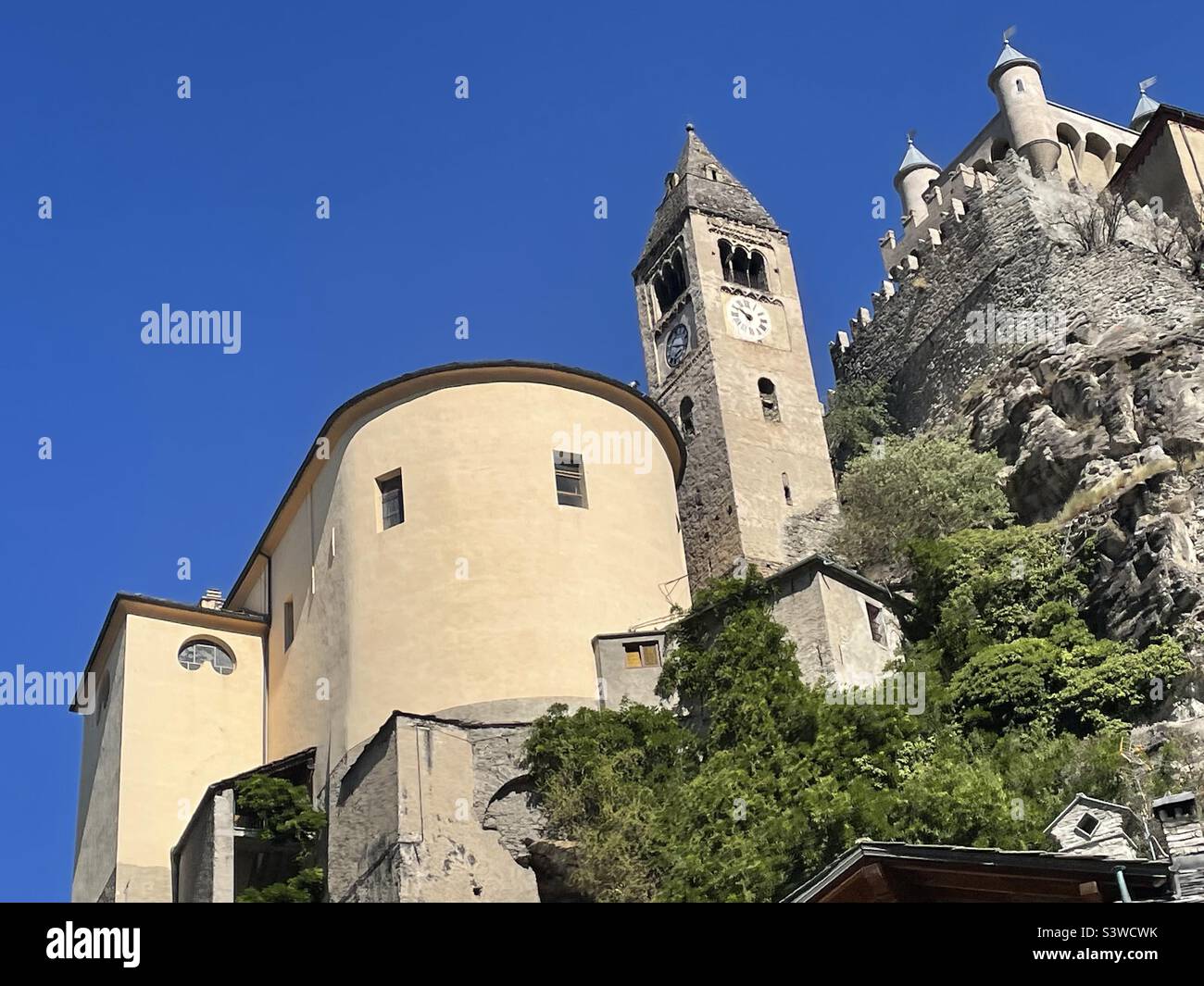 Church and castle of Saint Pierre, Aosta Valley, Italy Stock Photo