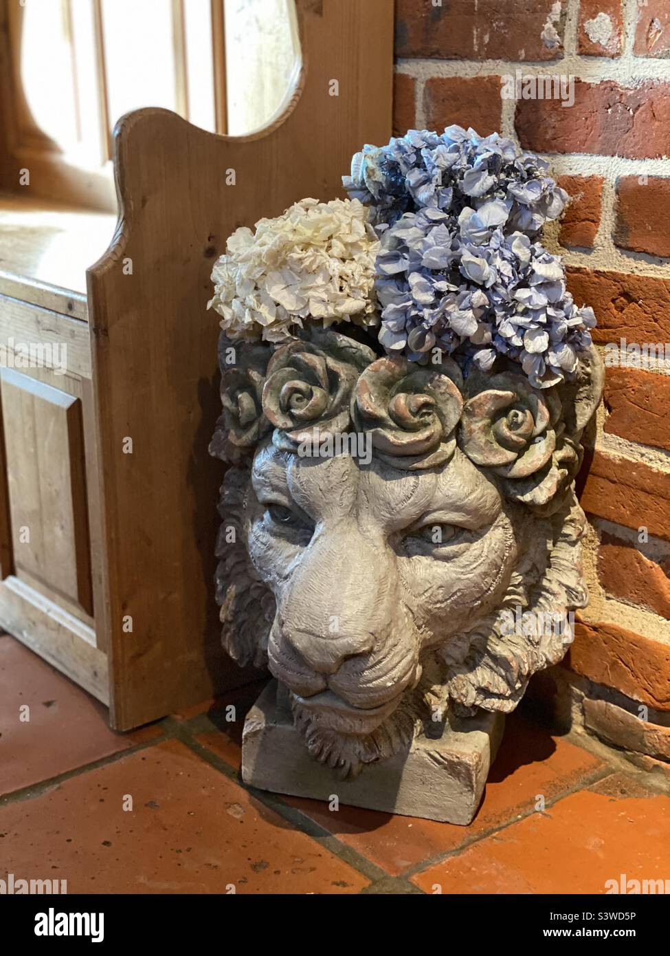 Lion head planter with dried Hydrangeas in a cottage hall way - Smartphone Captured Stock Image