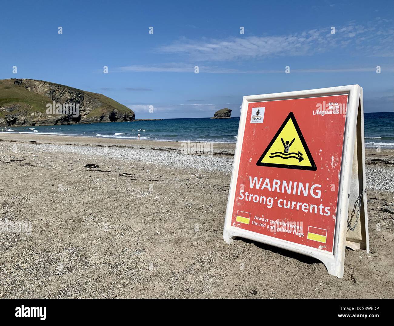 Strong Currents warning sign at Portreath, Cornwall - Smartphone Captured Stock Image