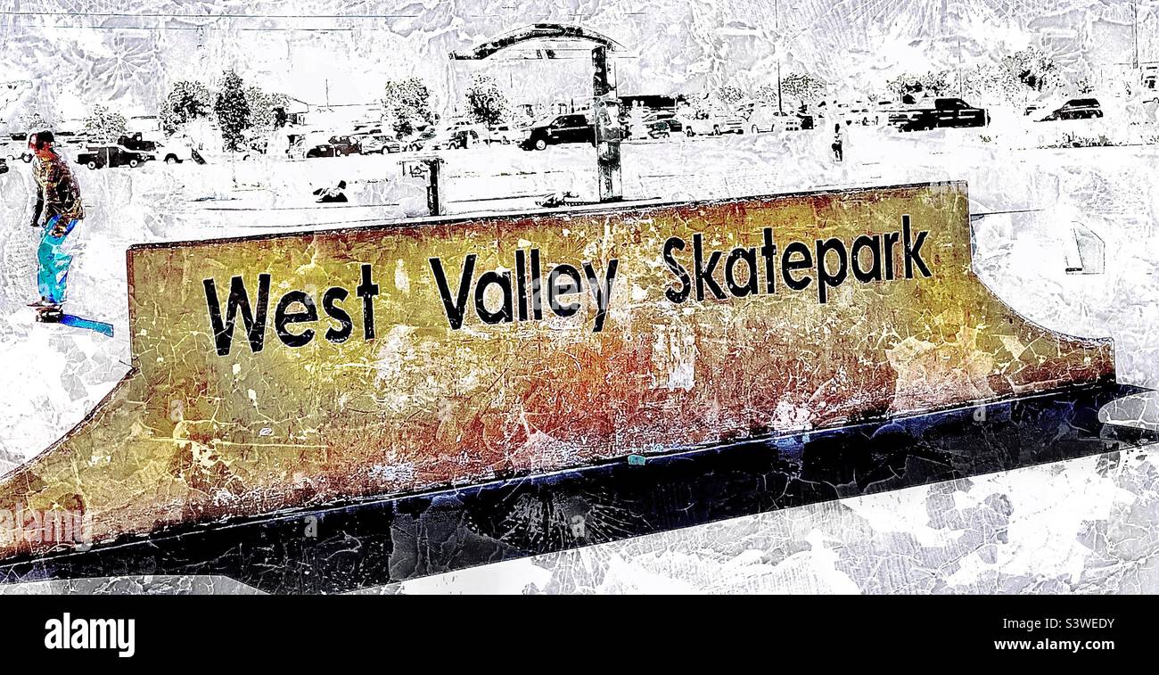 A dramatic, high-key image of a local skatepark in Utah, USA. A skateboarder is coming around from the left. A large, shadowed stone signage anchors the lightness around it. Grunge digitally added. - Smartphone Captured Stock Image