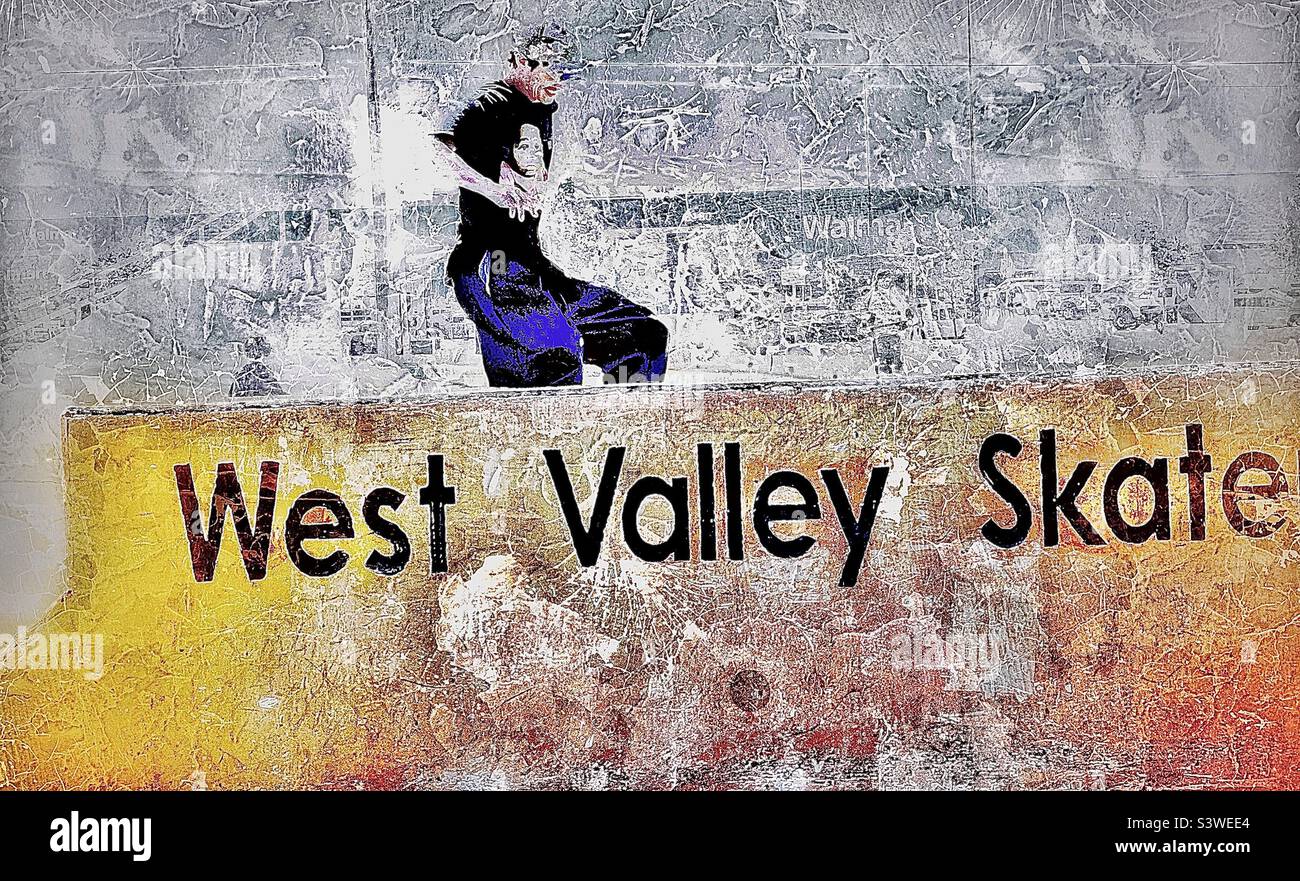 A dramatic, high-key image of a local skatepark in Utah, USA. A skateboarder is grinding up and behind the large, grungy stone signage of the park. Grunge digitally added. - Smartphone Captured Stock Image
