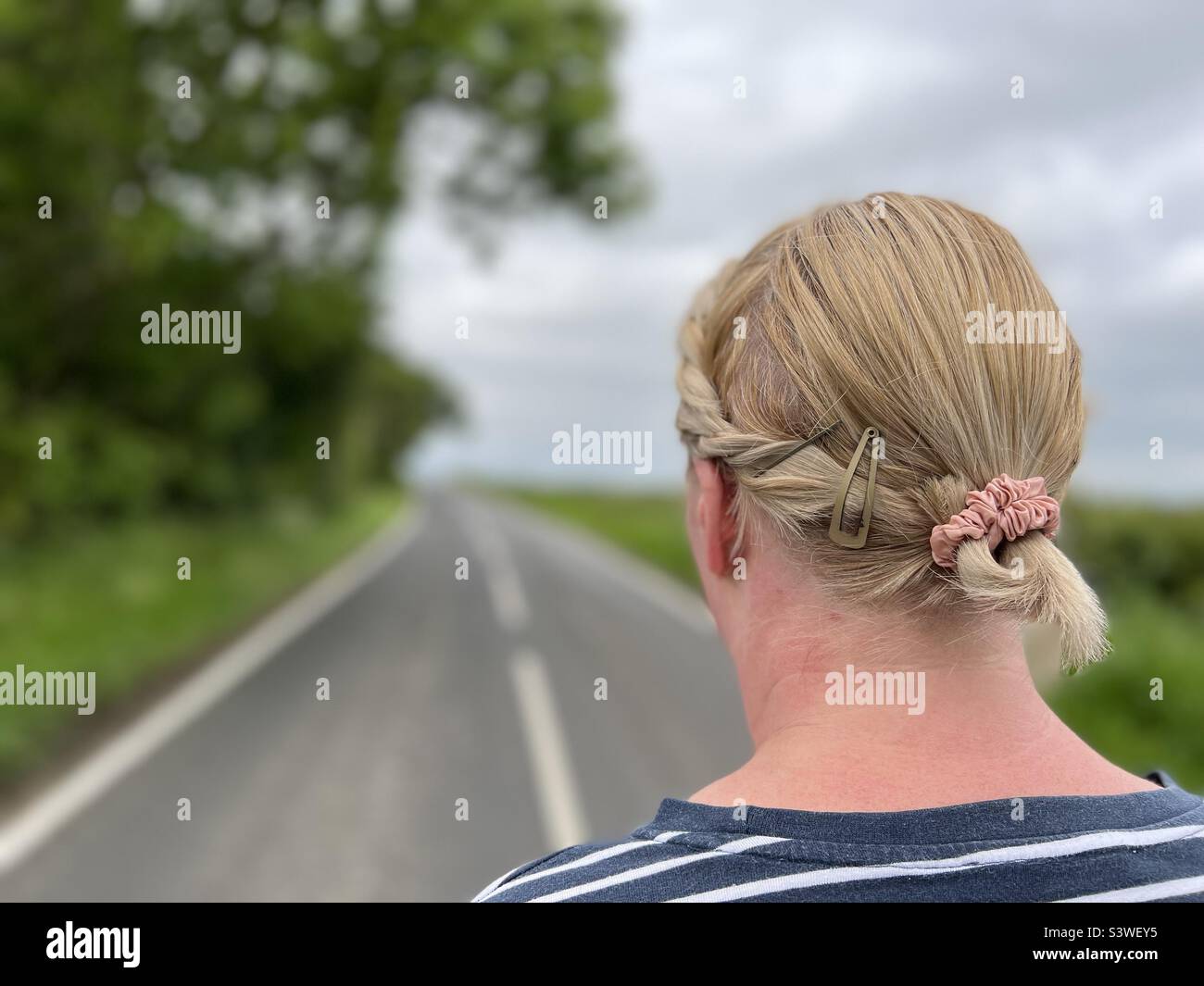 Rear view of woman with braided hair Stock Photo