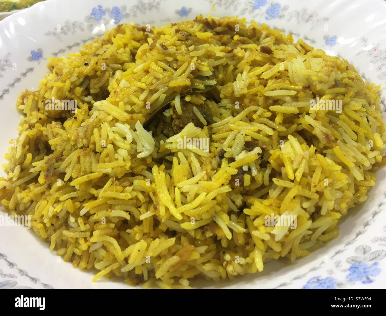 Pakistani Beef Biryani Full Spicy in Famous Restaurant in Dubai . Stock Photo