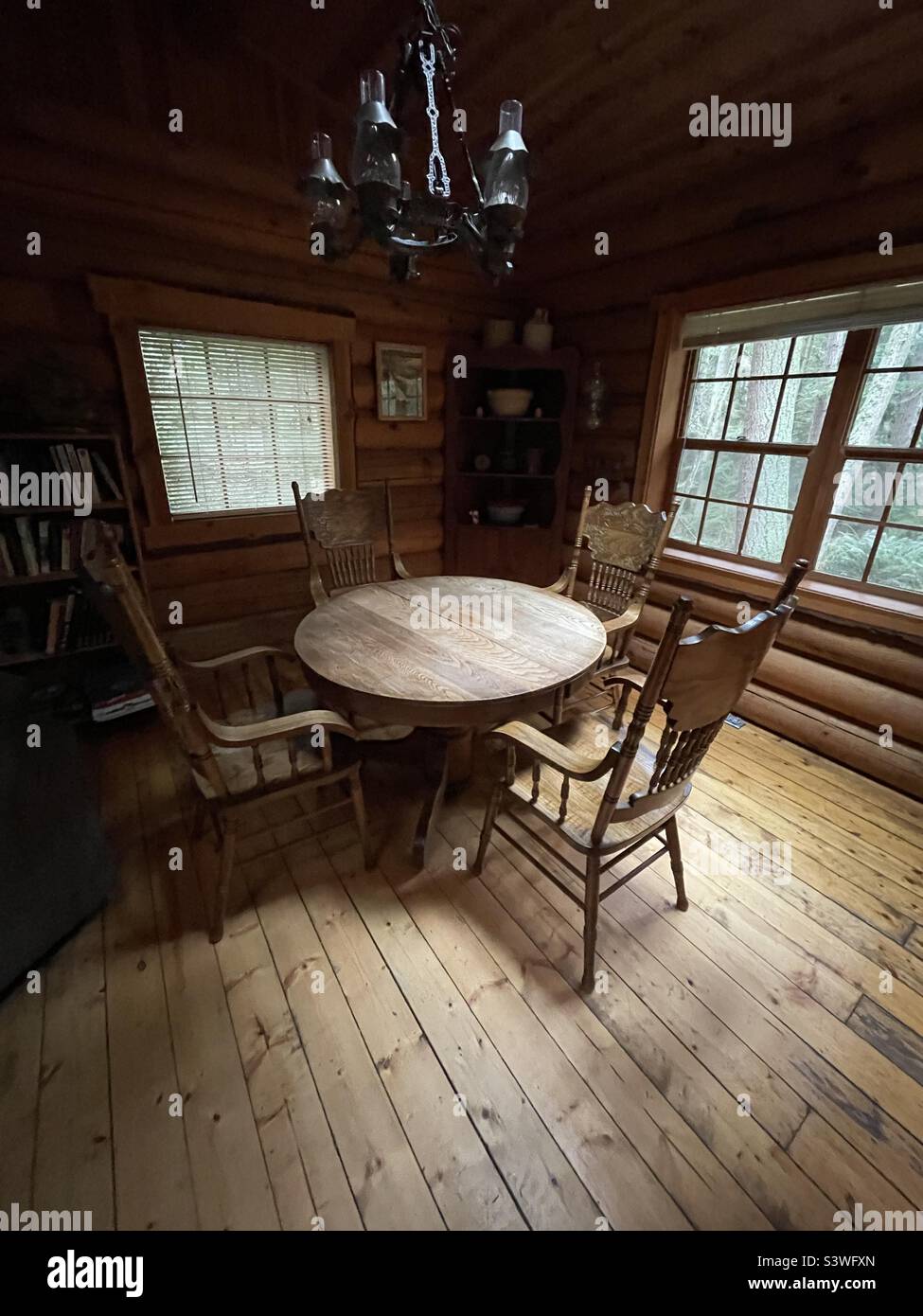 Inside old log cabin Stock Photo