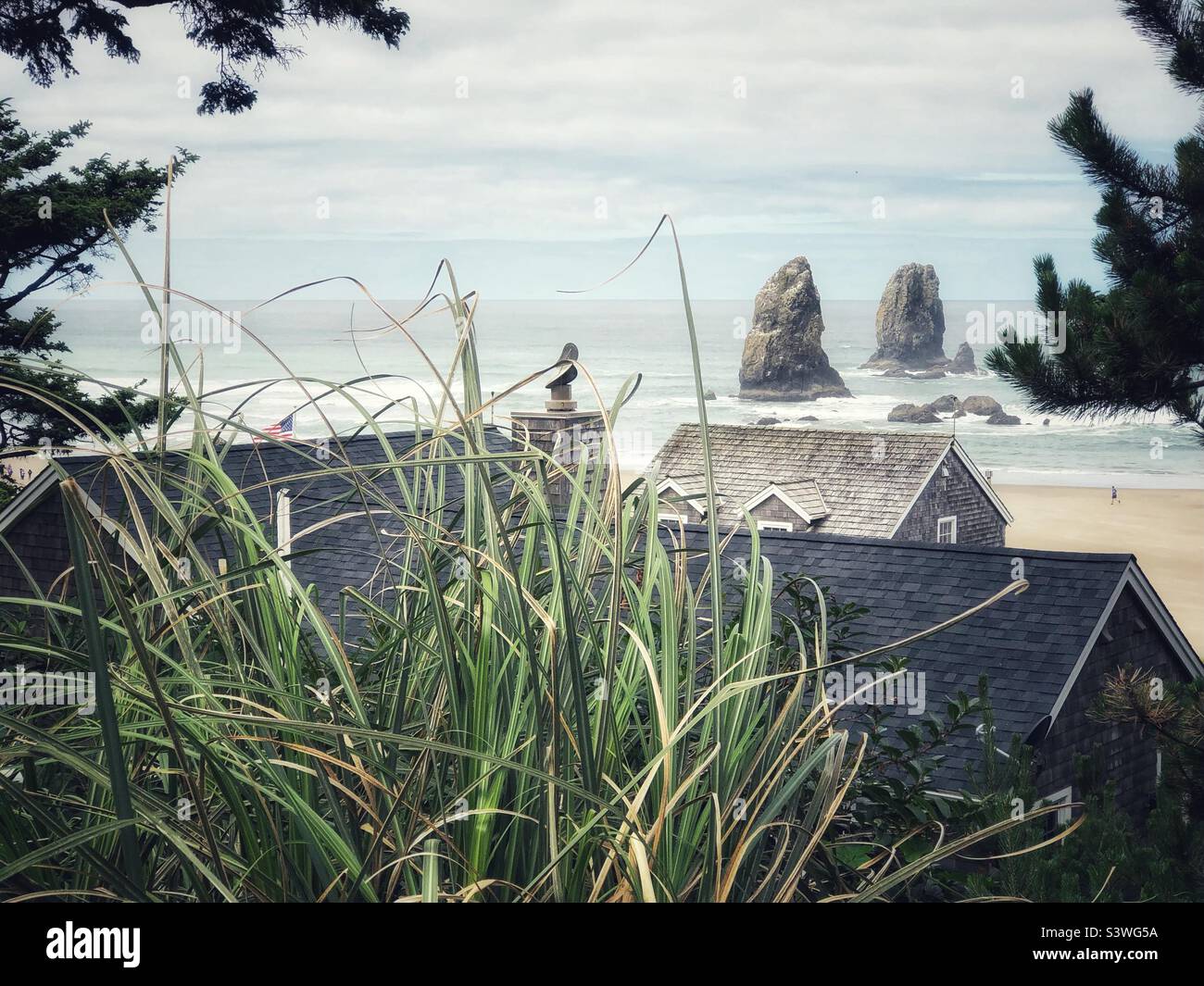 The Needles- monolithic rocks adjacent to Haystack Rock, as viewed from behind beach dwellings Stock Photo