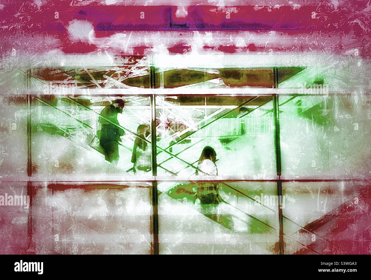 Passengers on the escalators, as seen through the south facing glass windows at the passenger pickup area of the new Salt Lake City International Airport. Made grungy and painterly digitally. - Smartphone Captured Stock Image