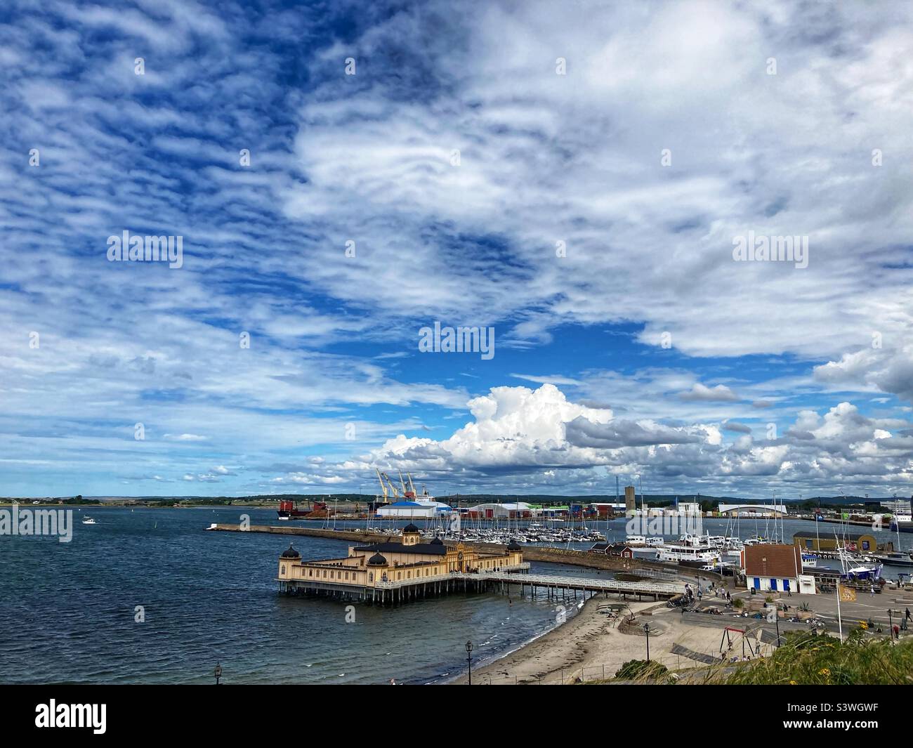 View from Varberg Fortress over the Port with the Kallbadhuset in the foreground, Sweden Stock Photo