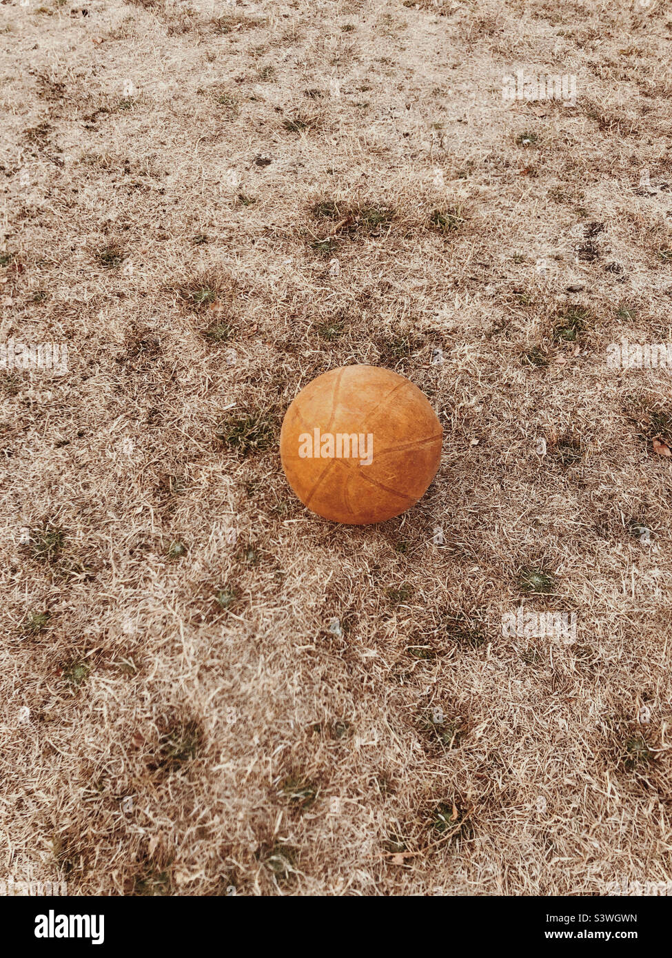 Basketball on parched grass during heatwave in London Uk Stock Photo