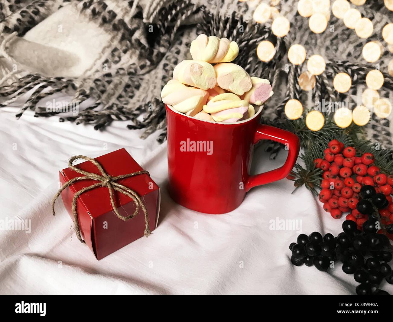 Red gift box and red cup with hot coffee with marshmallows and Christmas lights in cozy bed with warm blanket - Smartphone Captured Stock Image