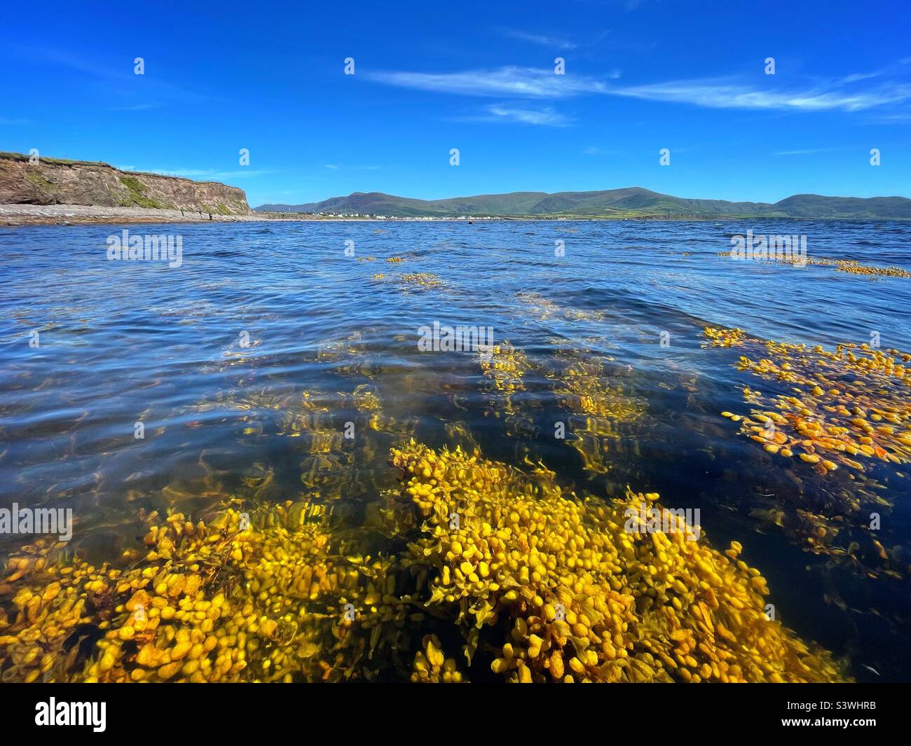 View from the sea towards the town of Waterville on BallinSkelligs bay, County Kerry, Republic of Ireland, August. Stock Photo