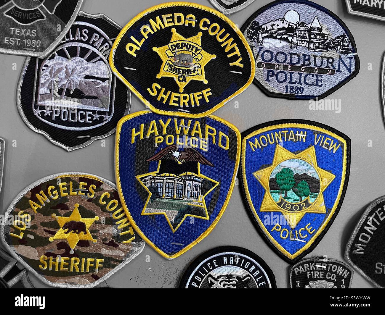 Patches of first responders on display at O’Hara‘s restaurant and pub near the 911 Memorial in downtown Manhattan, 2022, NYC, USA - Smartphone Captured Stock Image