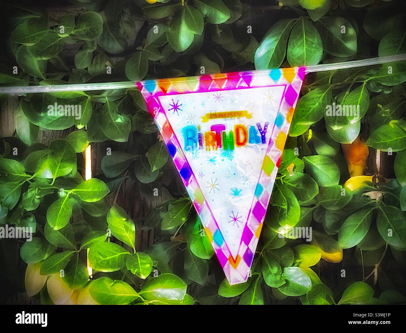 Happy Birthday bunting hangs in front of green foliage in a backyard in Utah, USA. Grunge, color and glow/light effects via the IOS app Snapseed. - Smartphone Captured Stock Image