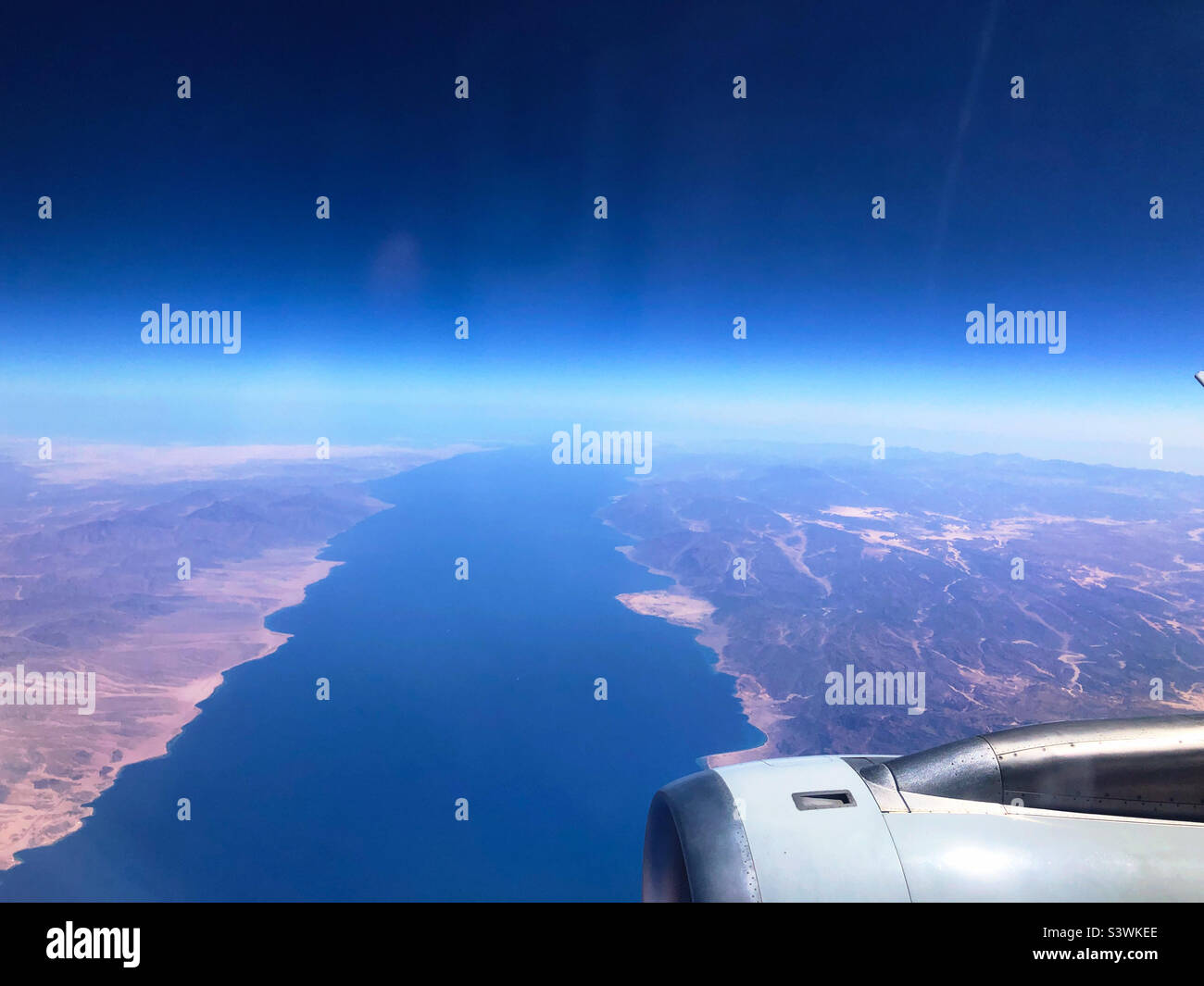 The Gulf of Aqaba (Gulf of Eilat) from the air showing Egypt to the left and Jordan and Saudi Arabia to the right. Stock Photo