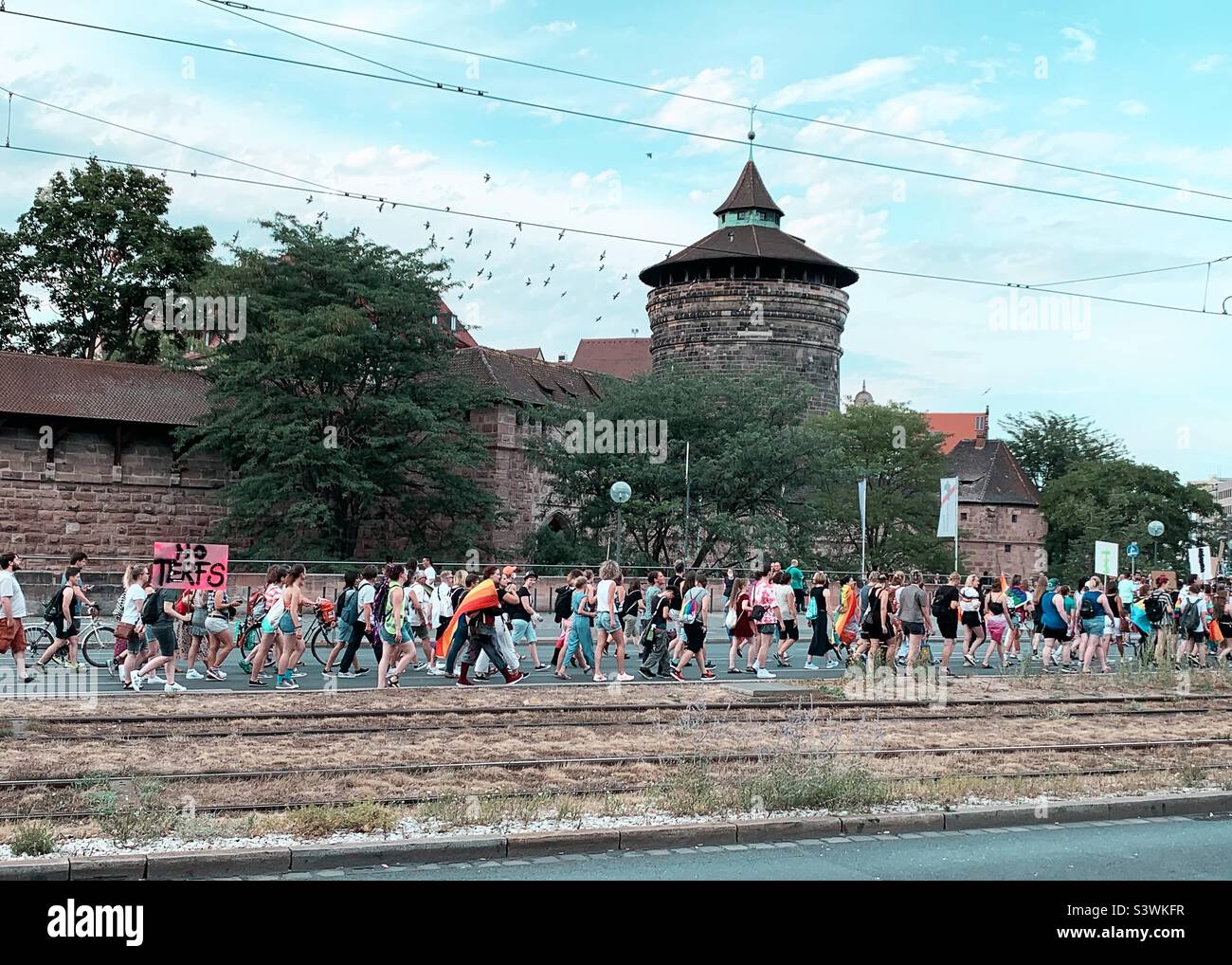 Crowd of people in LGBT pride on the street of Germany - Smartphone Captured Stock Image