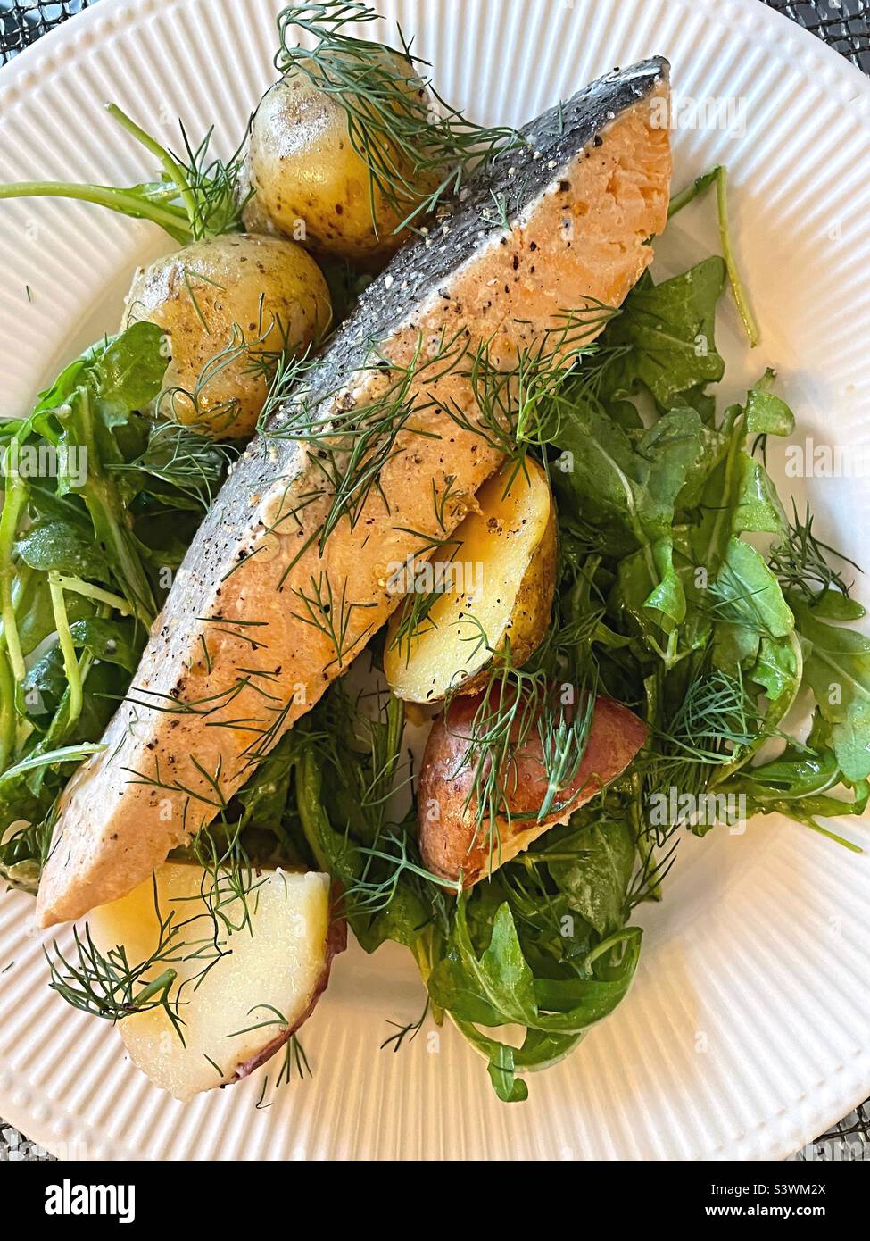 Close up of a gourmet one dish meal of seared salmon, new potatoes on a bed of arugula and dill, , USA - Smartphone Captured Stock Image