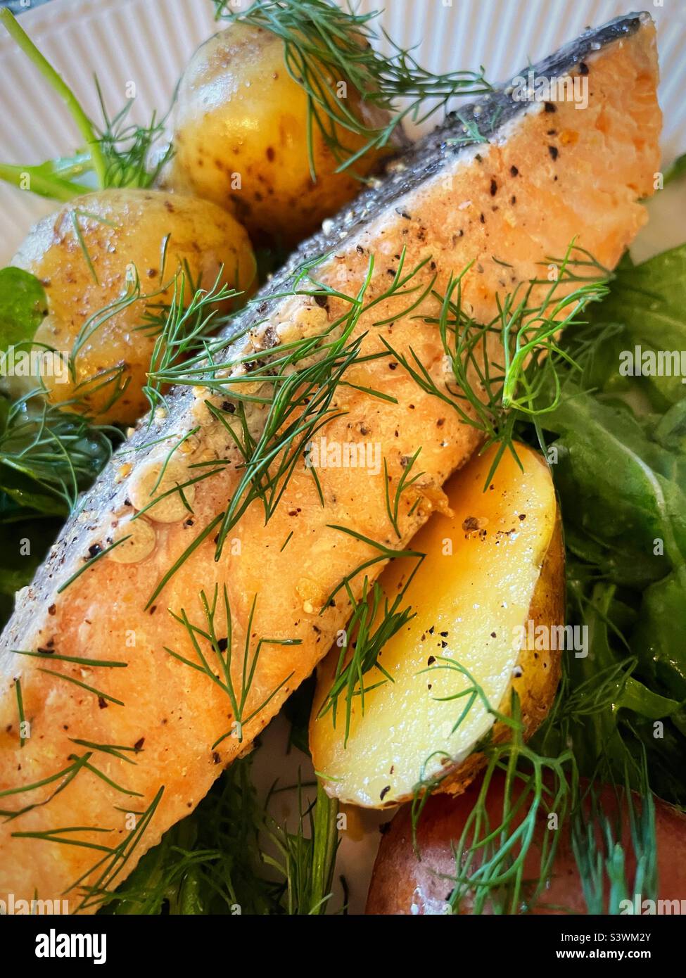Close Up of Grilled Salmon and New Potato Entree,  USA - Smartphone Captured Stock Image