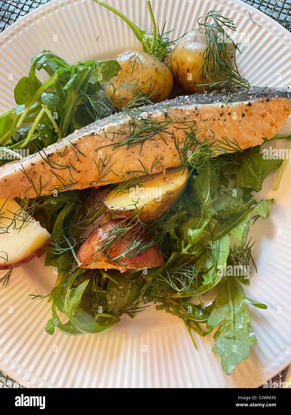 Close Up of Grilled Salmon and New Potato Entree,  USA - Smartphone Captured Stock Image