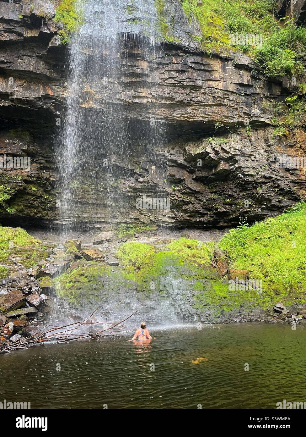 A young woman wild swimming under a Welsh waterfall, Henrhyd fall, Coelbren, Brecon Beacons, Wales, August. Stock Photo
