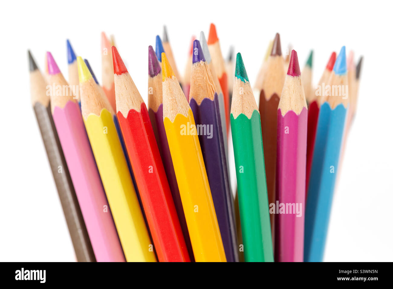 Colorful pencils sharpened isolated on white background, closeup Stock Photo