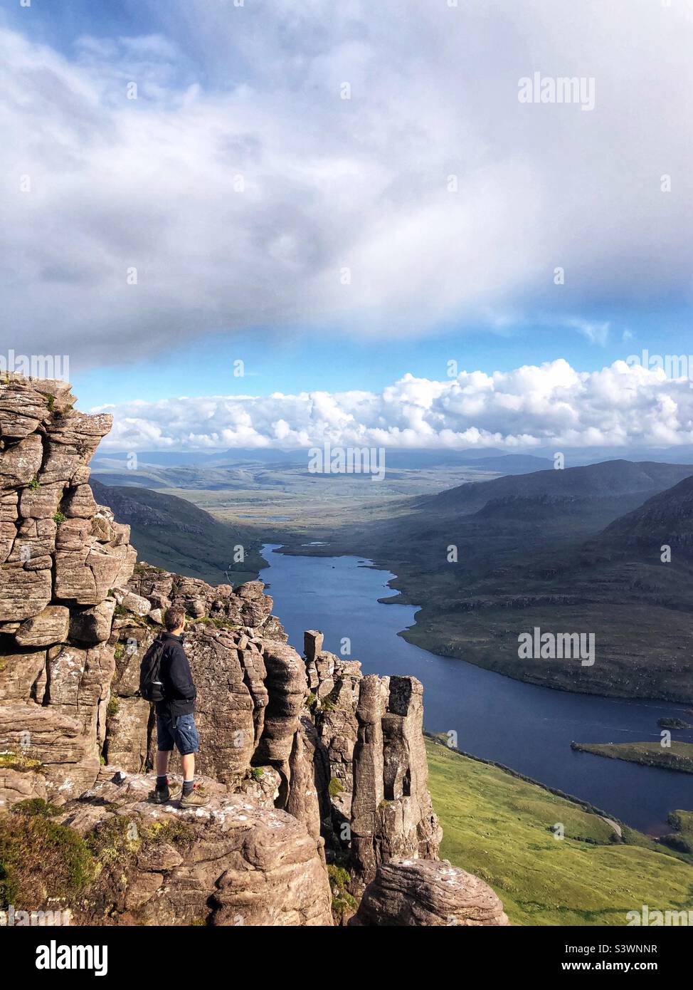 Walking in the Scottish Highlands, view from the top of Stac Pollaidh, with a view of Loch Lurgainn, Inverpolly estate, Scotland - Smartphone Captured Stock Image