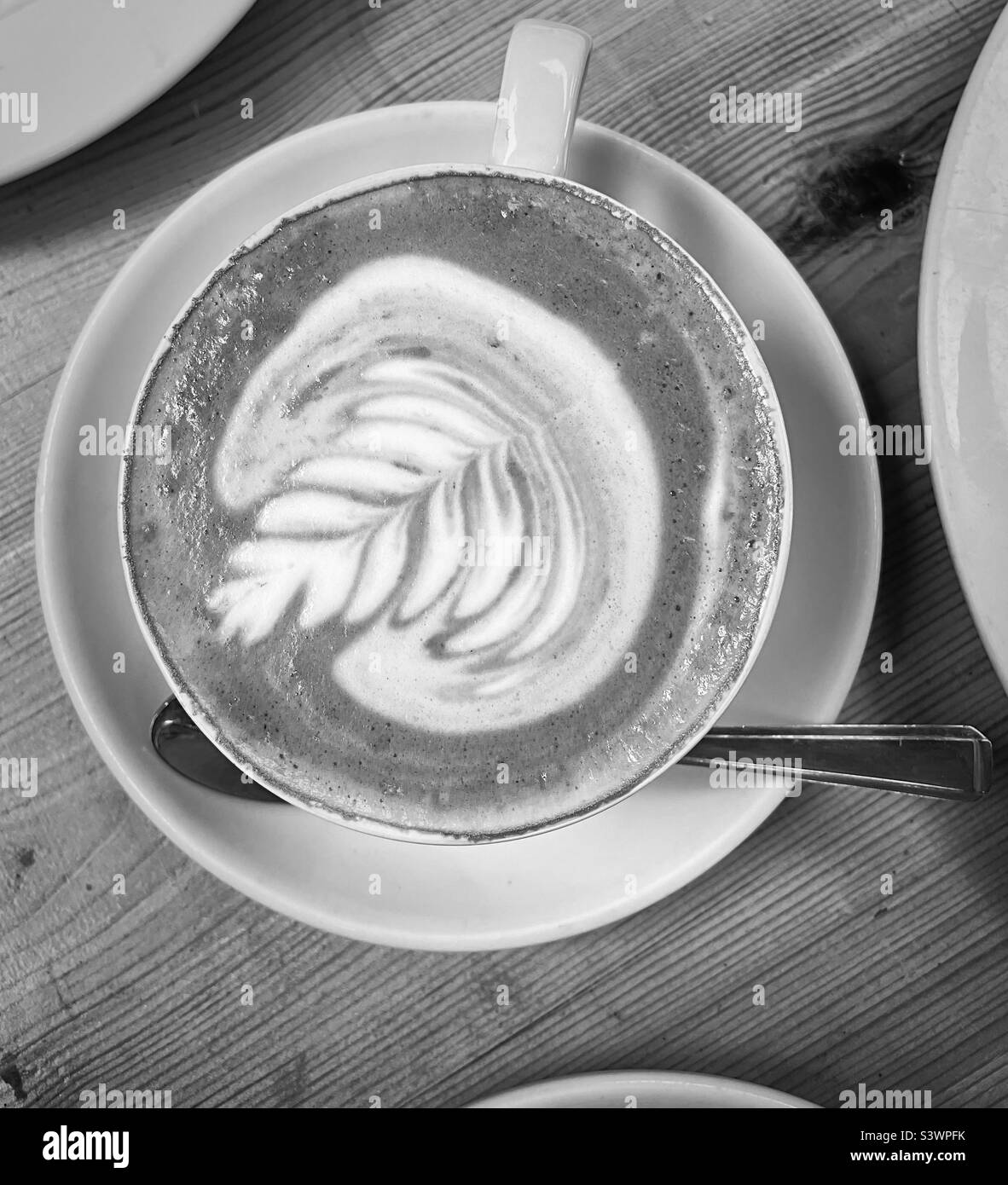 ‘Latte Lunch’ a latte with an intricate pattern in the middle of a table, surrounded by other plates (Black & White) Stock Photo