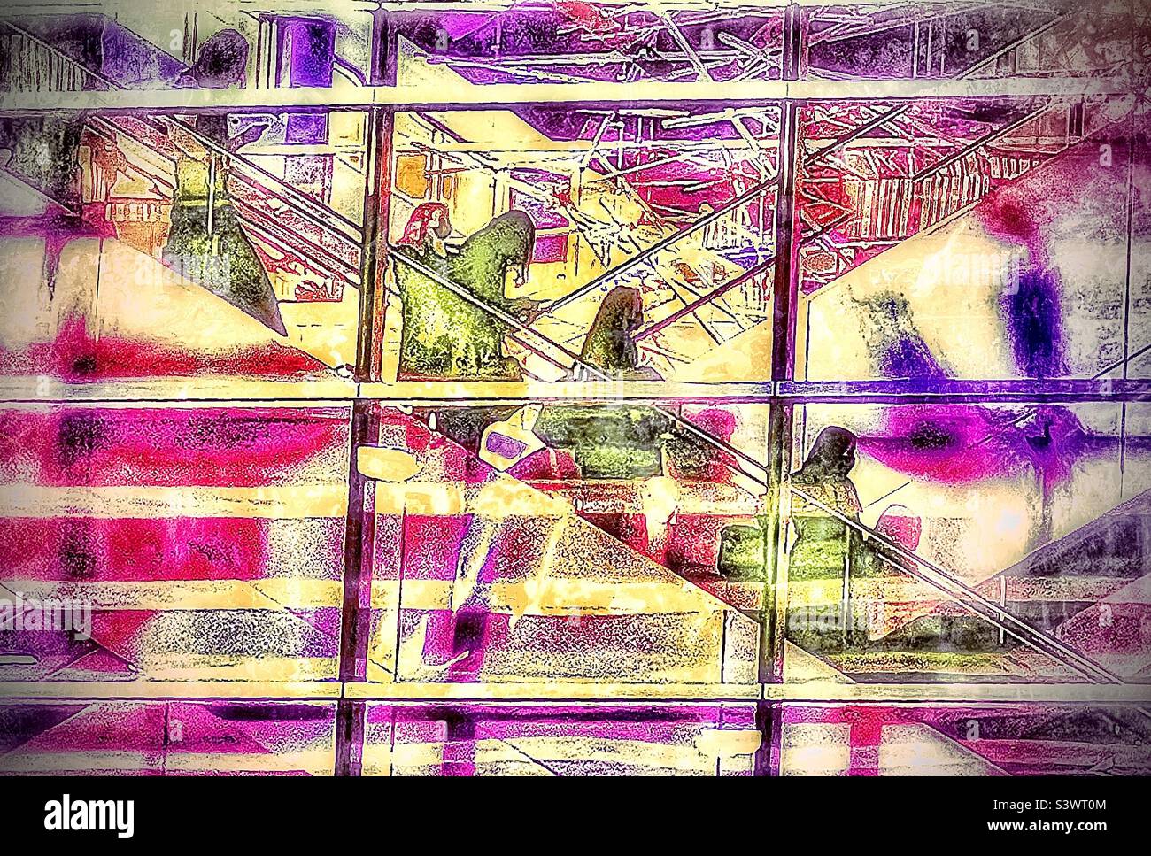 A painterly rendition of airline passengers on escalators in the Salt Lake City International Airport in Salt Lake City, Utah , USA during the Thanksgiving holidays. - Smartphone Captured Stock Image