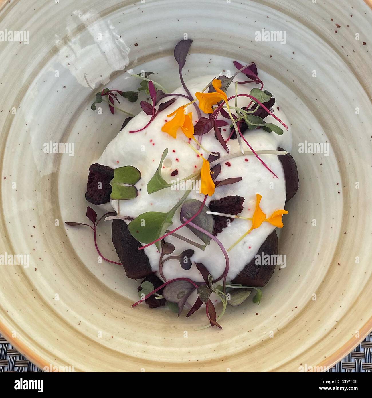 Beautiful beetroot salad with fresh yoghurt dressing and garnished with