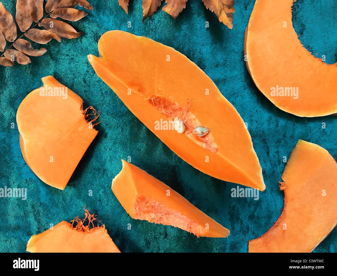 Slices of orange pumpkin on blue background - Smartphone Captured Stock Image