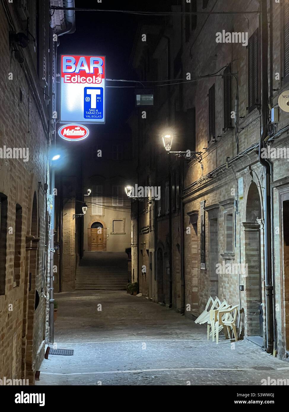Empty street, night time, of the old medieval village of Montefiore dell’Aso, Marche region, Italy Stock Photo