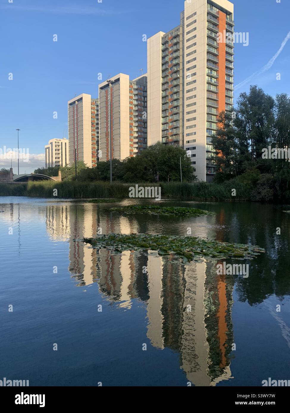 Buildings reflected in pond at poplar London Stock Photo