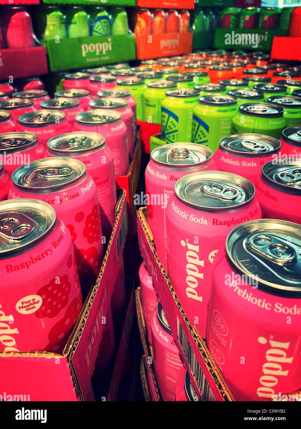 Poppi drink can end aisle display at Whole Foods, 2022, New York City Stock Photo