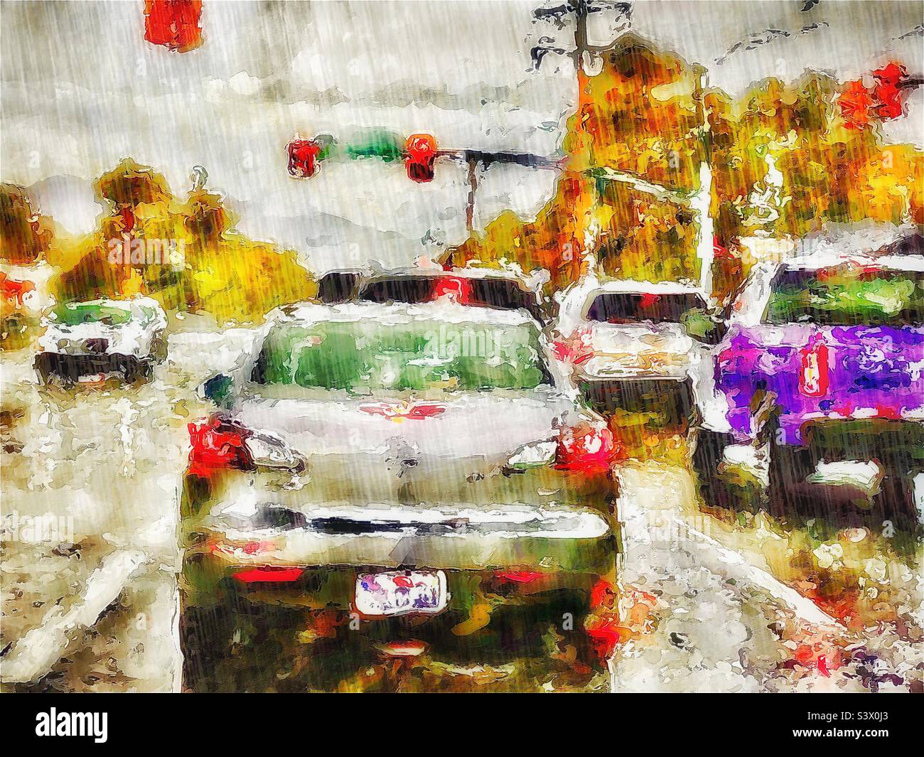Stopped at a traffic signal during a heavy summer downpour in Utah, USA. Image has been made painterly, accentuating the distorting effect of heavy rain on the windshield. Rain digitally added also. - Smartphone Captured Stock Image