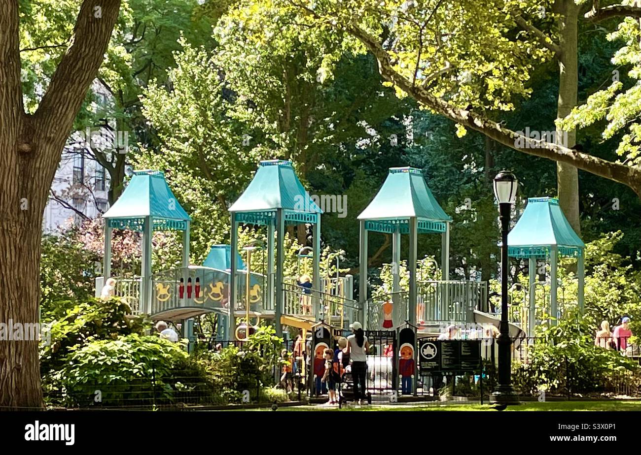 Turquoise blue play towers in children’s Playground in Madison Square Park, New York City, - Smartphone Captured Stock Image