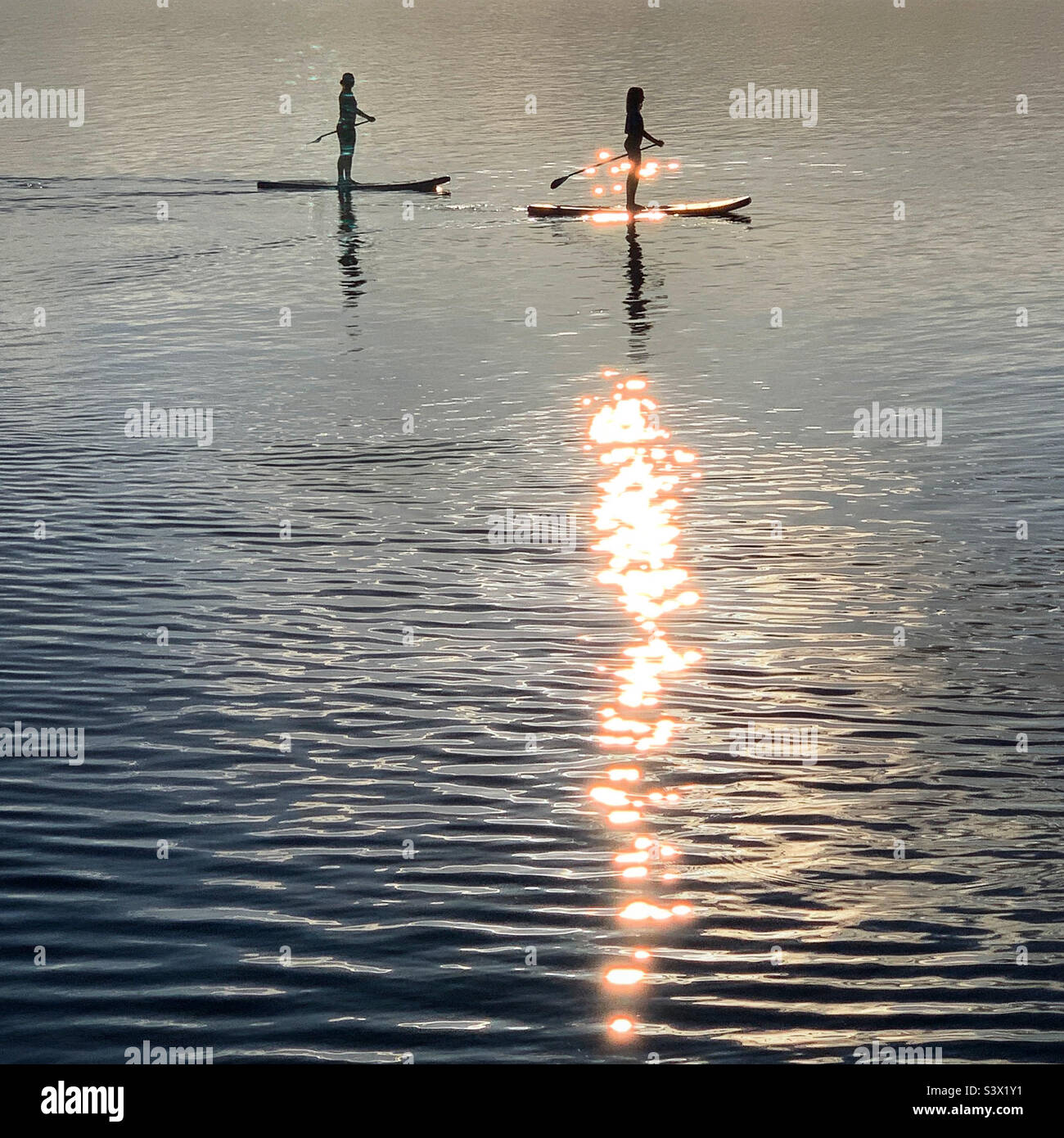 A mother and daughter together on SUPs Stand Up Paddleboarding on a Scandinavian lake in summer sunshine on a family holiday - Smartphone Captured Stock Image